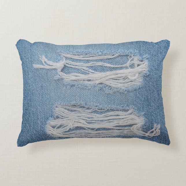 Blauwe scheuren ontkennen jeans textuurachtergrond accent kussen (Voorkant)