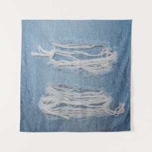 Blauwe scheuren ontkennen jeans textuurachtergrond wandkleed