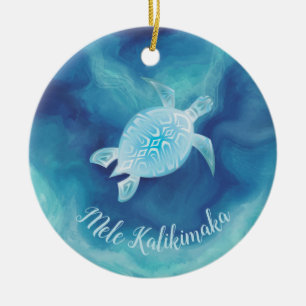 Blauwe schildpad   Mele Kalikimaka Hawaiian Kerstm Keramisch Ornament