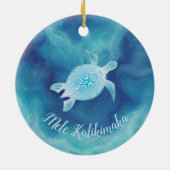 Blauwe schildpad | Mele Kalikimaka Hawaiian Kerstm Keramisch Ornament (Achterkant)