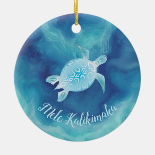 Blauwe schildpad | Mele Kalikimaka Hawaiian Kerstm Keramisch Ornament (Achterkant)
