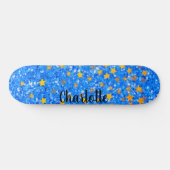 Blauwe schittering gouden sterren persoonlijk skateboard (Horizontaal)