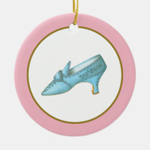 Blauwe schoen met roze en gouden rand keramisch ornament