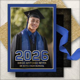 Blauwe Schoolkleuren Foto Afstudeeraankondiging Folie Uitnodiging