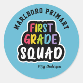 Blauwe schoolnaam Eerste graad Leerschool Squad Ronde Sticker