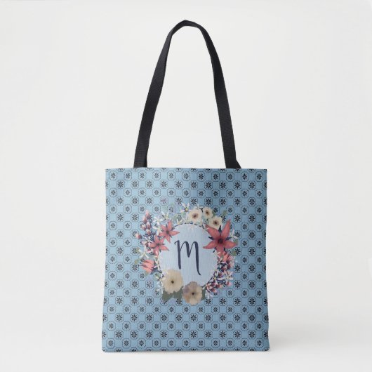 Blauwe schoonheid | Floral Monogram Wreath Tote Bag (Voorkant)