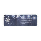 Blauwe schuur hout sneeuwvlokken lichten rustieke  etiket (Voorkant)