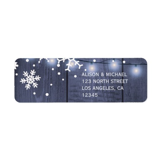 Blauwe schuur hout sneeuwvlokken lichten rustieke  etiket (Voorkant)
