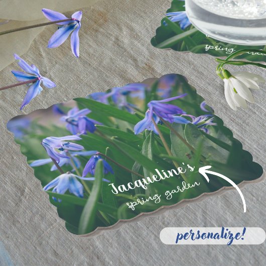 Blauwe scilla bloemen in de voorjaarstuin kartonnen onderzetters