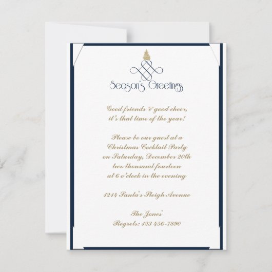 Blauwe scroller met kleine gouden kerstboom kaart (Voorkant)