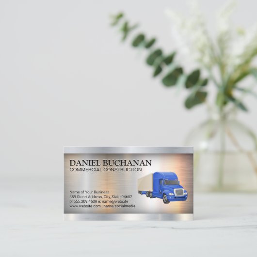 Blauwe Semi Truck | Metaalachtig Visitekaartje (Staand voorkant)