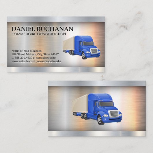 Blauwe Semi Truck | Metaalachtig Visitekaartje (Voorkant / Achterkant)