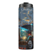 Blauwe Semi Truck Sunset ScrollWork Thermosbeker (Voorkant)