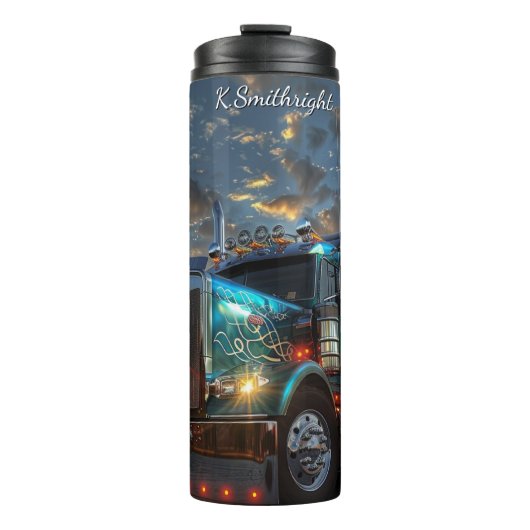 Blauwe Semi Truck Sunset ScrollWork Thermosbeker (Voorkant)