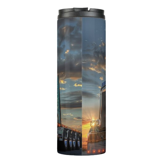 Blauwe Semi Truck Sunset ScrollWork Thermosbeker (Achterkant)
