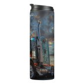 Blauwe Semi Truck Sunset ScrollWork Thermosbeker (Geroteerd rechts)