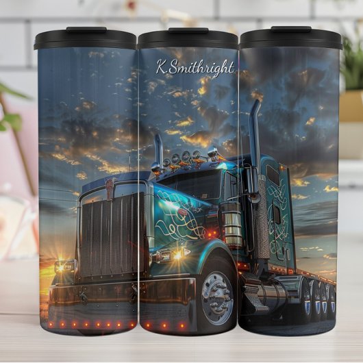 Blauwe Semi Truck Sunset ScrollWork Thermosbeker