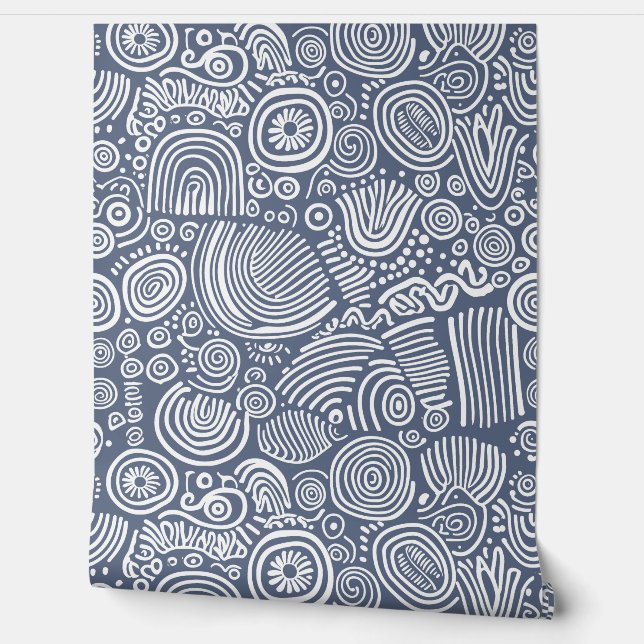 Blauwe sereniteit: grillige doedel behang (Afrollen)