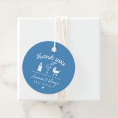 Blauwe Shake Rattle and Roll Baby Shower Bedankjes Labels (In situ)