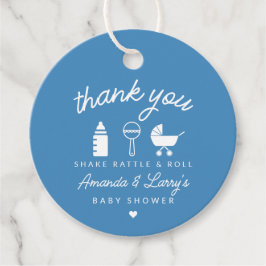 Blauwe Shake Rattle and Roll Baby Shower Bedankjes Labels