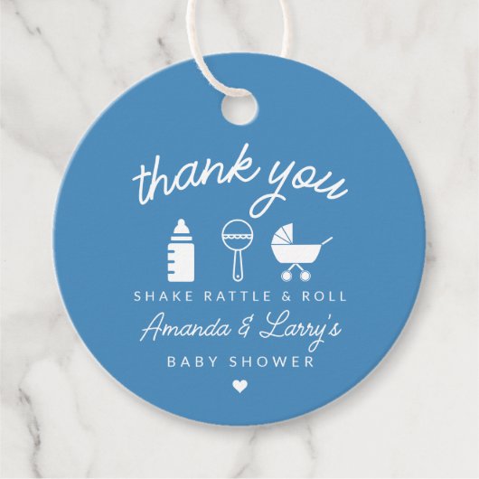 Blauwe Shake Rattle and Roll Baby Shower Bedankjes Labels (Voorkant)