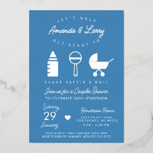 Blauwe Shake Rattle and Roll Baby Shower Folie Uitnodiging