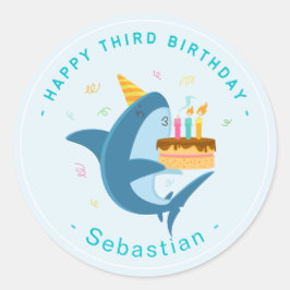 BLAUWE SHARK HAPPY DERDE BIRTHDAY RONDE STICKER