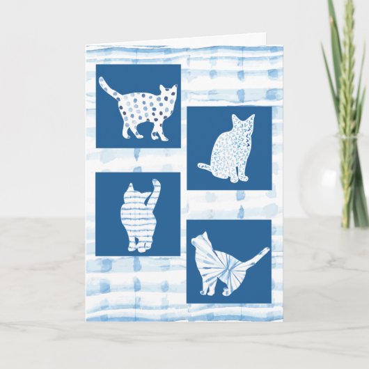 Blauwe Shibori Cat Silhouetten Blank Denken aan jo Kaart (Voorkant)