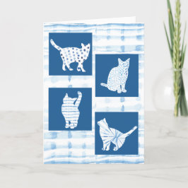 Blauwe Shibori Cat Silhouetten Blank Denken aan jo Kaart