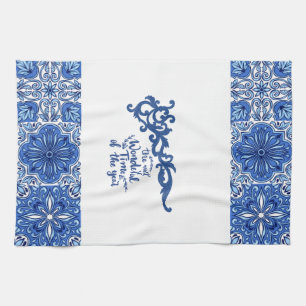 Blauwe sierbloemen keukenhanddoek –