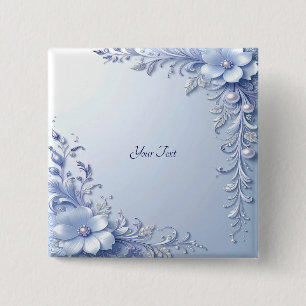 Blauwe Sierbloemen met Parels Knop Vierkante Button 5,1 Cm