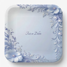Blauwe Sierbloemen met Parels Papieren Bord