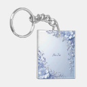 Blauwe Sierbloemen met Parels Sleutelhanger (Voorkant Links)