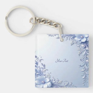 Blauwe Sierbloemen met Parels Sleutelhanger