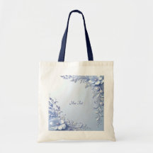 Blauwe Sierbloemen met Parels Tote Tas