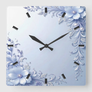 Blauwe Sierbloemen met Parels Wandklok