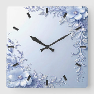 Blauwe Sierbloemen met Parels Wandklok