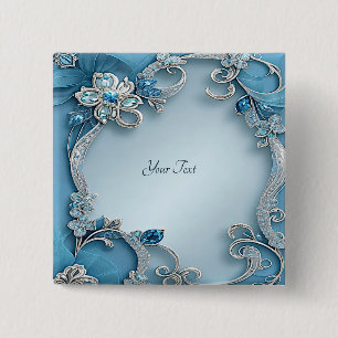 Blauwe Sierlijke Bloem Knop Vierkante Button 5,1 Cm
