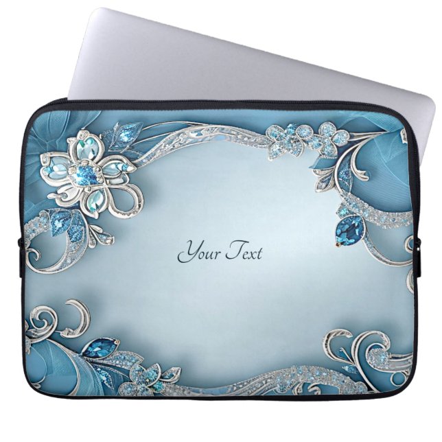 Blauwe Sierlijke Bloem Laptop Hoes (Voorkant)