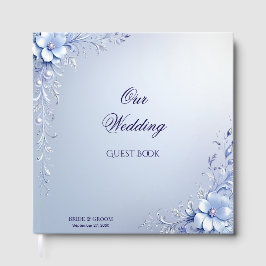 Blauwe Sierlijke Bloemen met Parels Gastboek Gastenboek