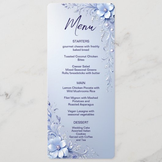 Blauwe Sierlijke Bloemen met Parels Menu (Voorkant)