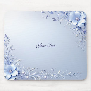 Blauwe Sierlijke Bloemen met Parels Muismat