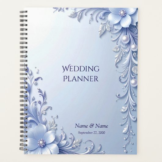 Blauwe Sierlijke Bloemen met Parels Planner (Voorkant)