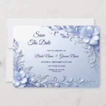 Blauwe Sierlijke Bloemen met Parels Save The Date