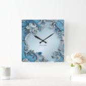 Blauwe Sierlijke Bloemen Wandklok (Huis)