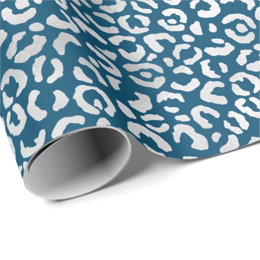 Blauwe Silver Leopard Print Cadeaupapier (Rol Hoek)