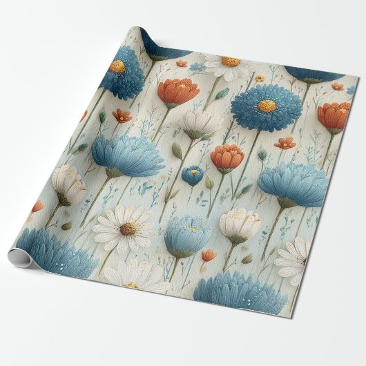 Blauwe Sinaasappel Wilde Bloem Bloemig Cadeaupapier (Uitgerold)
