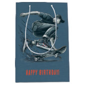 Blauwe Skateboarder verbrand Sinaasappel Happy Bir Medium Cadeauzakje (Voorkant)