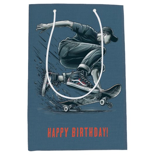 Blauwe Skateboarder verbrand Sinaasappel Happy Bir Medium Cadeauzakje (Voorkant)