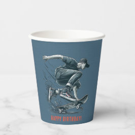 Blauwe Skateboarder verbrand Sinaasappel Happy Bir Papieren Bekers